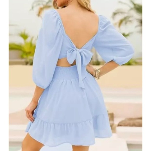 Exlura Lantern Sleeve Tie Back Ruffled A-Line Mini Dress BLUE Size Large - Picture 2 of 11